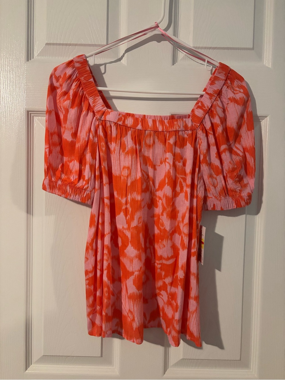 Sonoma Pink and Orange Square-Neck Puff Sleeve Blouse